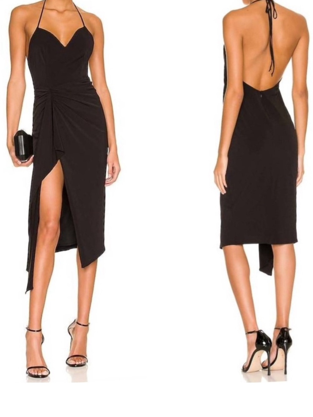 Katie May Ringleader Dress in Black Midi Slit Halter Neck Sleeves Gown NWOT